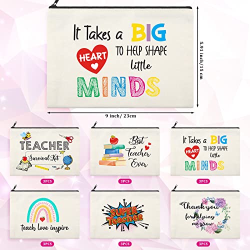 18 Pcs Teacher Makeup Bags for Women 6 Styles Canvas Pencil Bags Travel Toiletry Case with Zipper Gift for Teacher's Day Graduation Back to School (Cute)