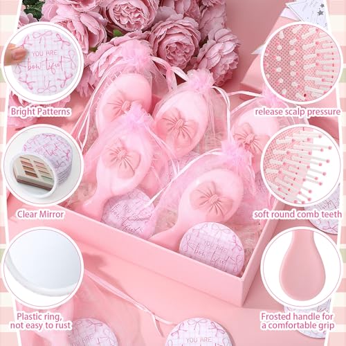 36 Set Coquette Party Favors for Women Pink Bow Coquette Mirrors with Mini Hair Brush and Organza Bag Inspirational Aesthetic Preppy Favors for Slumber Birthday Bow Themed Party Supplie
