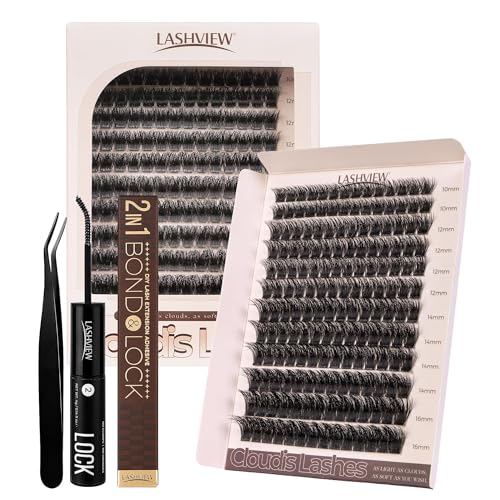 LASHVIEW Lash Extension Kit DIY Lash Clusters Eyelash Extension Kit, 10-16mm NM03 Individual Lashes Kit with Lash Bond and Seal, Lash Tweezers for Self Use