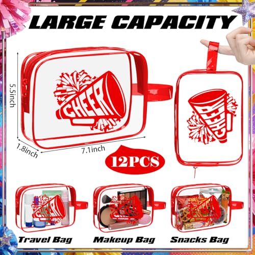 Kacctyen 12 Pcs Cheer Makeup Bag Cheer Gifts Bulk for Team 7 x 5.5 x 1.8 '' Cosmetic Bag with Handle Cheerleader PVC Makeup Case Clear Toiletry Zipper Pouch for Cheerleading Party Supplies, Red