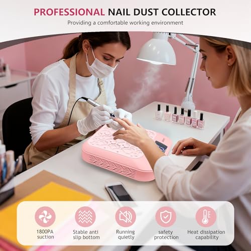 BETE Cordless Nail Dust Collector, 1800PA Powerful & Quiet Suction for Acrylic Nails Polishing, Rechargeable 6600mAh Battery with LED Display & Adjustable Speed, Perfect for Salon and Home Use, Pink