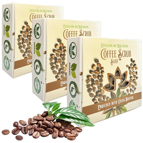 100% Handmade Coffee Scrub Soap Bar with Fresh Ground Coffee and Cocoa Butter - Cold Process Soap with Latte Aroma Oil - Good Scrubbing Effect - Perfect for Body Exfoliating and Moisturizing (3 bars)
