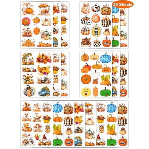 220 Pieces Thanksgiving Pumpkin Temporary Tattoos Stickers,20 Sheets Cute Pumpkin Themed Tattoos Stickers Party Decoration Supplies