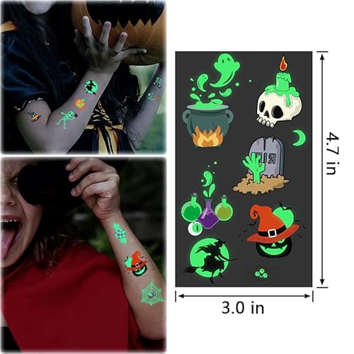 JCFIRE Halloween Temporary Tattoos for Kids, Glow in Dark Tattoos Stickers with Pumpkin Skull Ghost Monster for Halloween Party Favors Decorations, Party Games for Kids