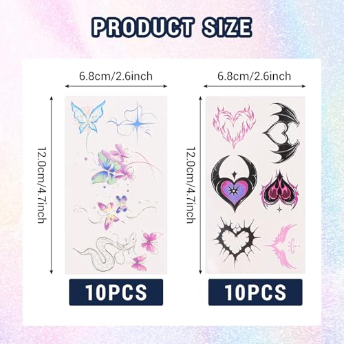 LOGJAM 20 Sheets Y2K Temporary Tattoos Stickers for Girls, Butterfly Aesthetic Cool Cyberpunk Waterproof Temporary Tattoo Decals