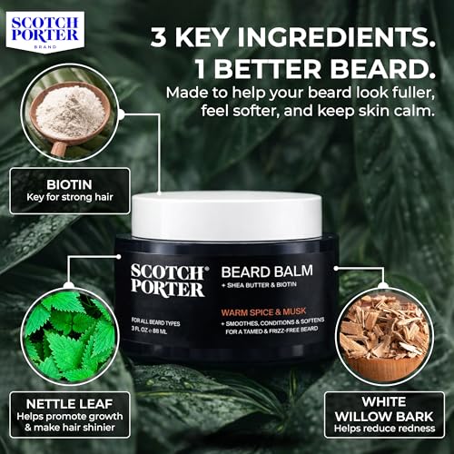 Scotch Porter Conditioning Beard Balm ? Smooth, Shape, Moisturize & Soften Coarse, Dry Facial Hair while Encouraging Growth for a Fuller/Healthier-Looking Beard ? Original Scent, 3 oz. Jar