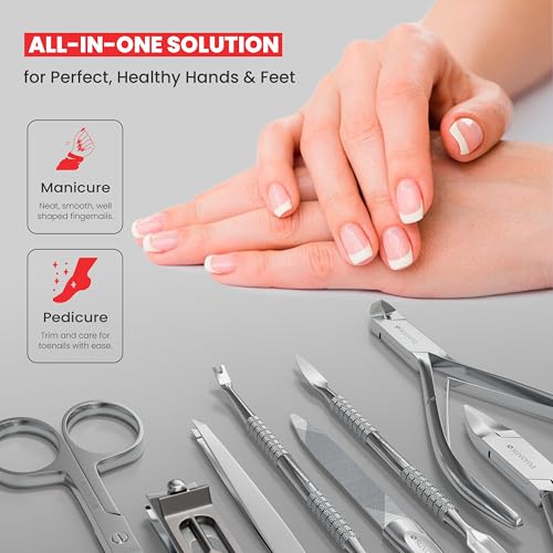 Suvorna Manicure Pedicure set with Toenail Clippers, Cuticle Nippers, Nail Clippers, Nail Scissors, 2 Cuticle Pusher, Nail File & Tweezer - Made with Stainless Steel - Nail Care kit (Black, 8 Pcs)