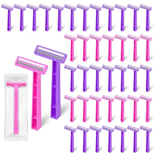 Women's Disposable Razors Individually Wrapped Twin Blade,Disposable Razors Women Bulk with Clear Safety Cap for Men Women Camping Traveling Home Bathing Hotel (pink and purple, pack of 30)