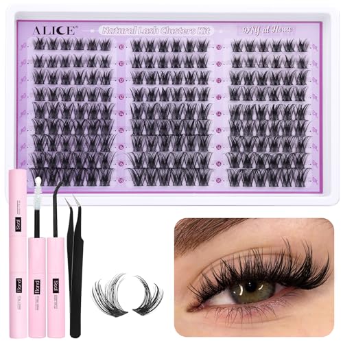 ALICE Wispy Lash Clusters Kit Natural Fluffy Lash Extension Kit Cluster Eyelash Extension Kit 162pcs C Curl 10-18mm Eyelash Clusters with Lash Glue Bond and Seal Lash Tweezers