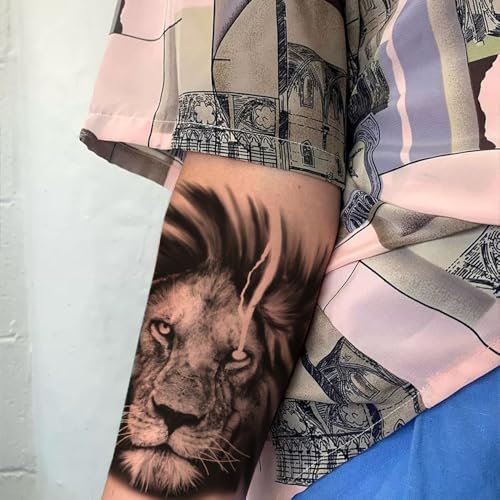 2 Sheets Realistic Animal Large Temporary Tattoos Stickers Sketch Lifelike Lion Head Designs For Men Waterproof Arm Leg Fake Body Art, Gym & Parties Bold Masculine Decals