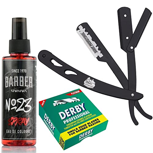 The Shave factory Straight Edge Razor Kit - with Single | Stainless Steel razors for men from the Factory (Black / Barber No23 50ml Cologne 100 Derby Professional Blades) 1.0 Count