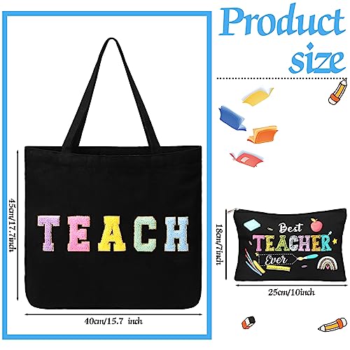 Silkfly 2 Pcs Teacher Appreciation Gifts Teacher Tote Bags Set Pouch Cosmetic Bag for Women Retirement Chenille Letter Patches Work Bag with Zipper Pocket Makeup