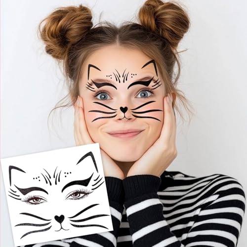 2 Pack Halloween Cat Temporary Tattoos - Glitter Halloween Face & Body Stickers for Women, Realistic Animal Skin Decals for Cosplay, Makeup & Festive Looks (4-black cat)
