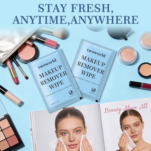 Twoworld Makeup Remover Wipes Bulk Individually Wrapped,Travel Makeup Wipes Gentle for Face Cleansing Mascara Lipstick Travel Hotel(Cucumber,Pack of 50)