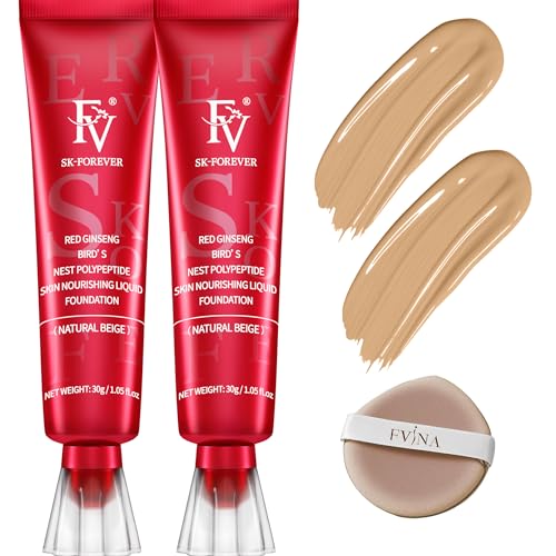 FV 2 Pack Waterproof Foundation, Lightweight & Medium Coverage Foundation with Matte Finish, Oil Control Long Lasting Liquid Foundation Makeup for Oily Normal Skin (Natural Beige, 1.05 fl.oz)