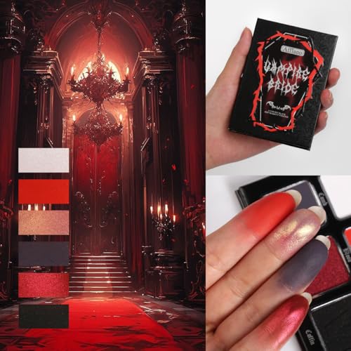 Black Red Eyeshadow Palette, Highly Pigmented True Red White Dark Grey Goth Smoky Eyeshadow Palette, 6 Color Matte Shimmer Burgundy Metallic Halloween Makeup Palette for Zombie Vampire Clown,Blendable