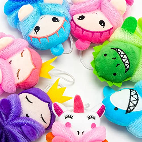 MURRI&MURRDI 4 Pack Kids Bath Sponges - Cute Animal Shower Pouf Set, Gentle Exfoliating Body Scrubber for Toddlers, Cartoon Mesh Loofah Gift for Boys & Girls