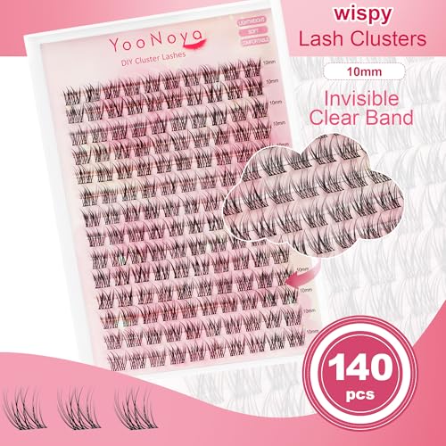 Wispy Lash Clusters 140 Pcs 10mm Short Eyelash Clusters C Curl Cluster Eyelash Extensions Natural Wispy Cluster Lashes Reusable Individual Invisible Band Lash clusters (QX-10mm)