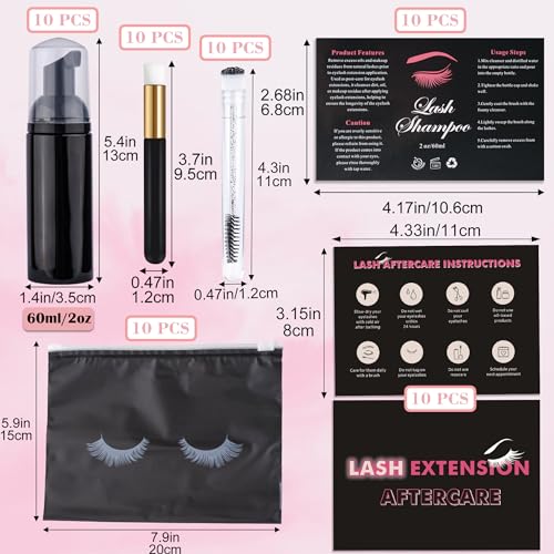 60pcs Lash Extension Cleaning Kit for Clients,10pcs Lash Brushes,10pcs Eyelash Cleaning Brush with Tubes,10pcs Lash Bottles,10pcs Eyelash Bags,10pcs Lash Shampoo Stickers,10pcs instruction card(Black)