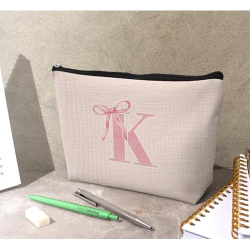 Initial Coquette Pink Bow Makeup Bag,initial K Personalized Teen Girl Gifts,Trendy Preppy Cute Monogrammed Gifts Girly Makeup Pouch Zipper Pouch for Women Teen Girl