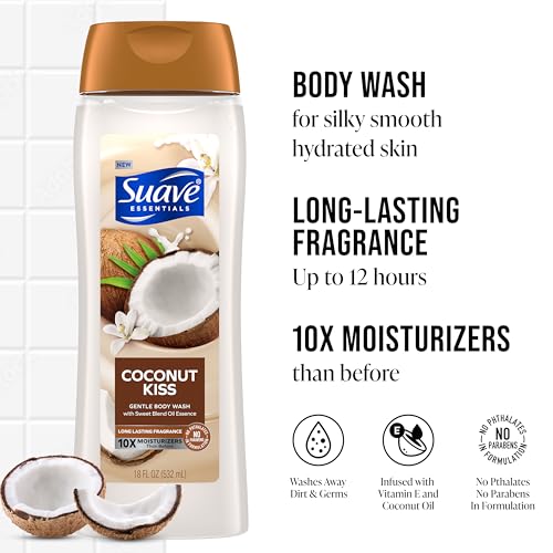 Suave Body Wash Variety 2-Pack, Sweet Vanilla Silk + Coconut Kiss ? Gentle Body Washes with Blend Oil Essence, 18 Oz Ea