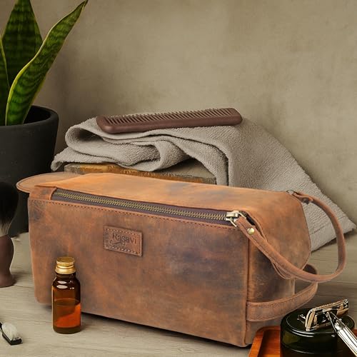 Rasavi Genuine Leather Travel Toiletry Bag for Men & Women, Handcrafted Vintage Dopp Kit, Water-Resistant Shaving & Bathroom Essentials Organizer - Distressed Brown