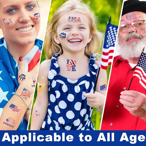 94 PCS 6 Sheets 4th of July Temporary Tattoo Set, Independence Day Body Stickers, Patriotic Parade Party Accessories, Long Lasting Tattoo Stickers for Kids Adults, Red White and Blue Accessories
