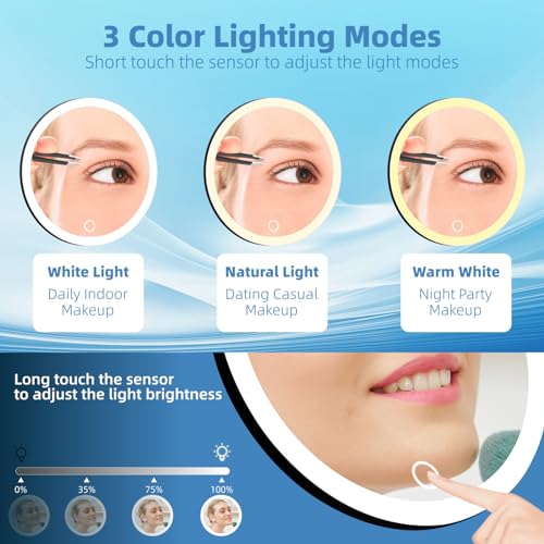 30X Magnifying Mirror with Lights, 30x Magnified Mirror with 3 Color Lights Adjustable Brightness, Rechargeable 6inch Travel Magnification with 3 Suction Cups - Includes Tweezers & Scissors