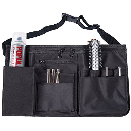 MyGift Professional Black Salon Apron, Makeup Artist Cosmetic Canvas Waist Apron, Multiple Pocket Brush Bag Organizer