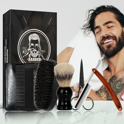 Straight Edge Razor Shaving Kit, Including Steel Shaver & Shaving Brush & Wooden Beard Comb & Brush, Beard Grooming Scissors, Idea Gift for Christmas, Birthday, Father for Men - Brown