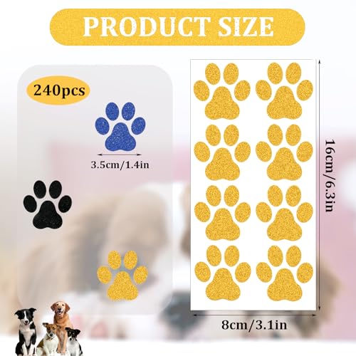 30 sheets 240pcs Dog Paw Glitter Temporary Tattoos, Paw Print Tattoo Face Tattoos Sticker Dog Paw Body Tattoos for Women Girls Face Body Accessories(Yellow, Black, Blue)