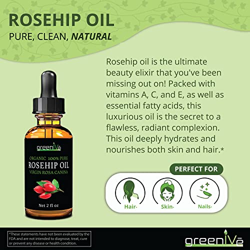 GreenIVe Rosehip Oil Rosa Canina 100% Pure Cold Pressed Virgin Oil Glass Dropper Easy Application (2 Fl Oz)