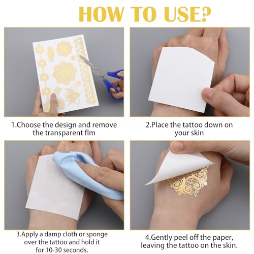 9 Sheets Gold Tattoos Temporary Tattoos For Women, Glitter Flash Tattoo Stickers Metallic Elaborate Sun Moon Star for Adult Festivals Parties Makeup Cosplay
