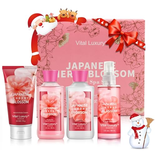 Bath & Body Kit, 3 Fl Oz Travel Size, Ideal Skincare Relaxing Home Spa Set, Includes Body Lotion, Shower Gel, Body Cream, and Fragrance Mist, Bath Gifts for Her and Him (Japanese Cherry