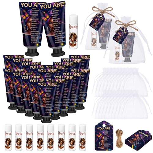 24 Sets Christian Hand Cream and Lip Balm Gift Set Christian Gift for Women Travel Size Hand Lotion Bible Verse Lip Balm Bulk for Baby Bridal Shower Mom Black History Month(African American)