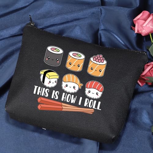 POFULL Sushi Lover Gift This Is How I Roll Cosmetic Bag Sushi Party Gift Japanese Cuisine Sushi Lover Gift (Black Sushi Bag)