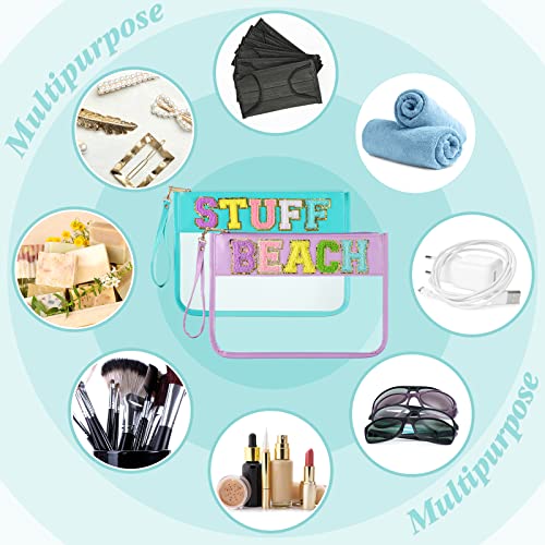 Sanwuta 2 Pcs Chenille Letter Clear Zipper Pouch Clear Snacks Bag Makeup Letter Bag Stadium Purse Transparent Travel Patch Pouch(Cute Stuff, Beach,Blue, Purple)