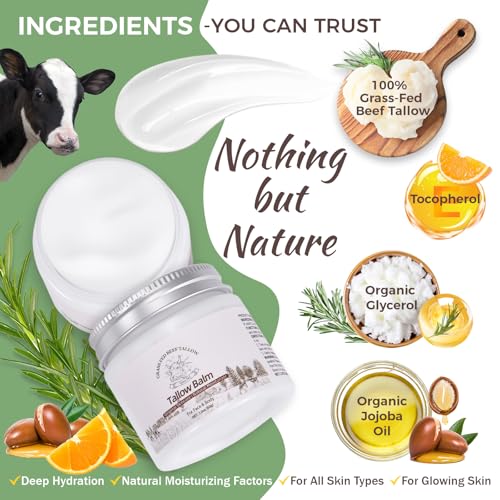 Beef Tallow for Skin - 100% Grass Fed Whipped Beef Tallow Moisturizer Cream, Face & Body Balm with Organic Jojoba Oil & Vitamin E, Natural Skin Care for Mature, Dry, Sensitive Skin (2.0oz)