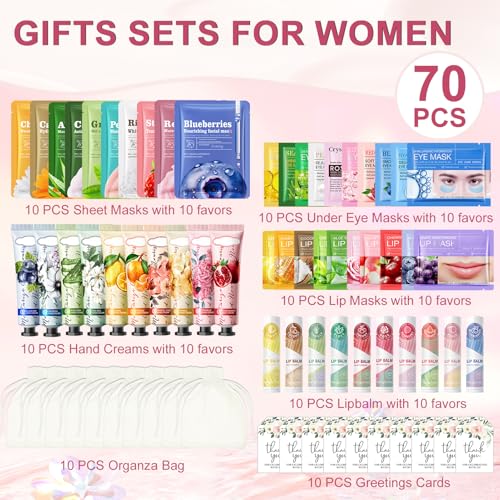 JAOJAO 70PCS Spa Party Favors, Spa Party Supplies for Women Include Hand Cream Lip Balm Face Masks Under Eye Patches Lip Mask Organza Bag Thank You Card Used for Women Girlfriend Wife Mother Teacher