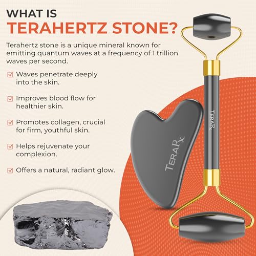 TeraRX¢ç Terahertz Gua Sha & Facial Roller Set ? 100% Authentic Terahertz Stone Face Roller to Reduce Puffiness, Improve Wrinkle Lines & Relieve Facial Tension ? Perfect for Eye Massage and Relaxation