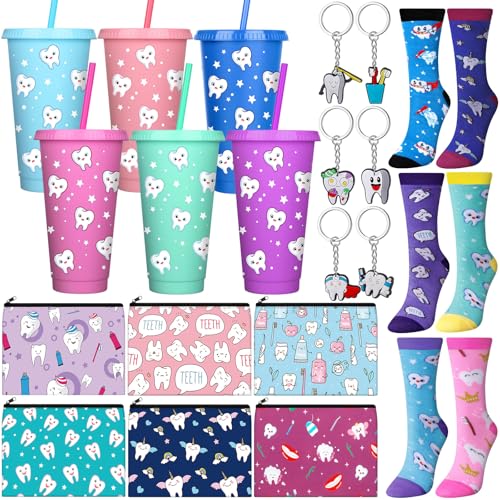24 Pcs Dental Assistant Gifts Set 24 oz Teeth Plastic Tumbler Cup with Lid Straw Tooth Cosmetic Bag Novelty Teeth Sock Tooth Shape Keychains Dentist Hygienist Accessories for Women
