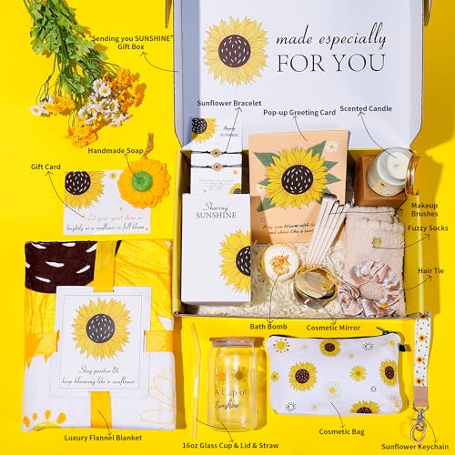 Get Well Gifts for Women: 21pcs Sunflower Gift Baskets Retirement Care Package After Surgery Recovery Gifts- Sending You Sunshine Box for Mom Wife Friends Sis Grandparents