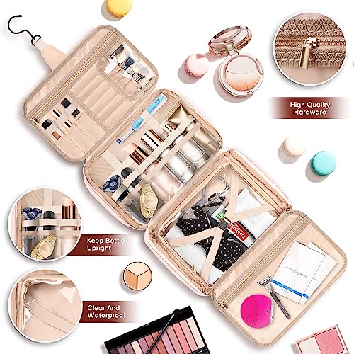 Hanging Travel Toiletry Bag for Men, Large Makeup Bag for Women, Water-resistant PU Leather Dopp Kit Shaving Bag For Full Sized Toiletries,Cosmetics Travel Organizer for Accessories (pink)