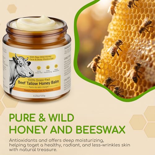 Beef Tallow for Skin & Face, Whipped Tallow and Honey Balm Cream, 100% Grass-Fed Beef Tallow Face Moisturizer with Raw Honey, All Natural Organic Body Lotion Skincare for Soft Smooth Skin, 3.5 OZ