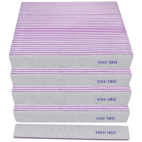 100/180 Grit Nail File (100 Pack), Emery Board Nail Files for Acrylic Nails and Natural Nails, Double Sided Emory Boards Professional Nail Filer Reusable Washable Manicure Square Gray