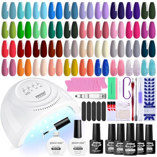 JEWHITENY 45PCS Gel Nail Polish Kit with U V Light LED Nail Lamp And 2 Bottle of 10ML Top Coat Base Coat