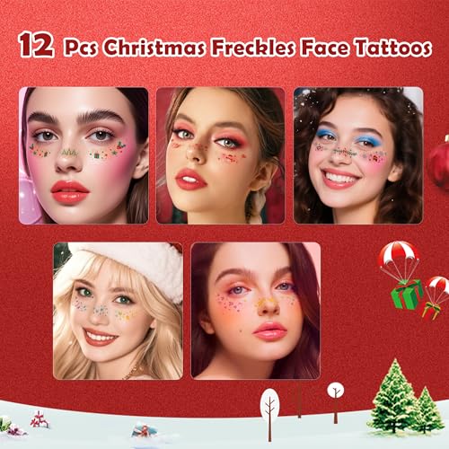 12Pcs Christmas Face Freckles Tattoo Stickers,Glitter Tattoos Face Stickers Waterproof Freckles Makeup Patches,Snowflake Glitter Freckles Stickers Temporary Tattoos for Festival Rave Christmas Party