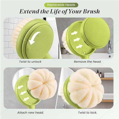 Back Scrubber for Shower with Long Handle (15.7¡±) ? Dual-Sided Bath Brush with Loofah Sponge, Replaceable Heads, Easy Reach for Back & Body, Includes 2 Wall Hooks