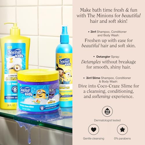 Suave Kids Minions Hair Products Bundle ??3-in-1 Coco-Craze Slime & Fun Fresh Shampoo, Conditioner & Body Wash + Detangler Spray, 28 Oz Ea (3 Piece Set)