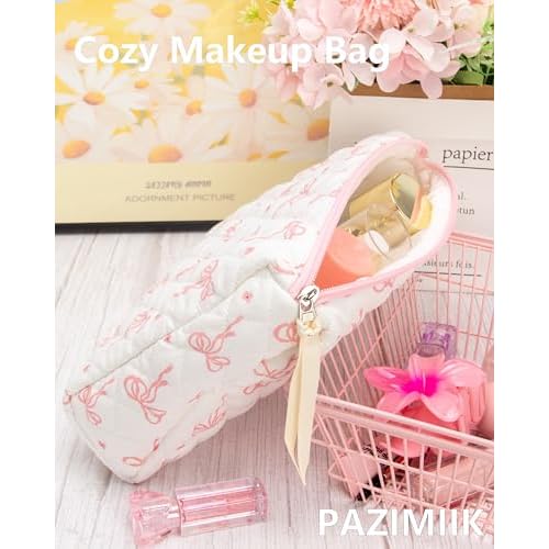 3PCS Makeup Bag SET Large Travel Quilted Zipper Soft Cosmetic Case Pouch for Women Girls Make Up,Bow Pink